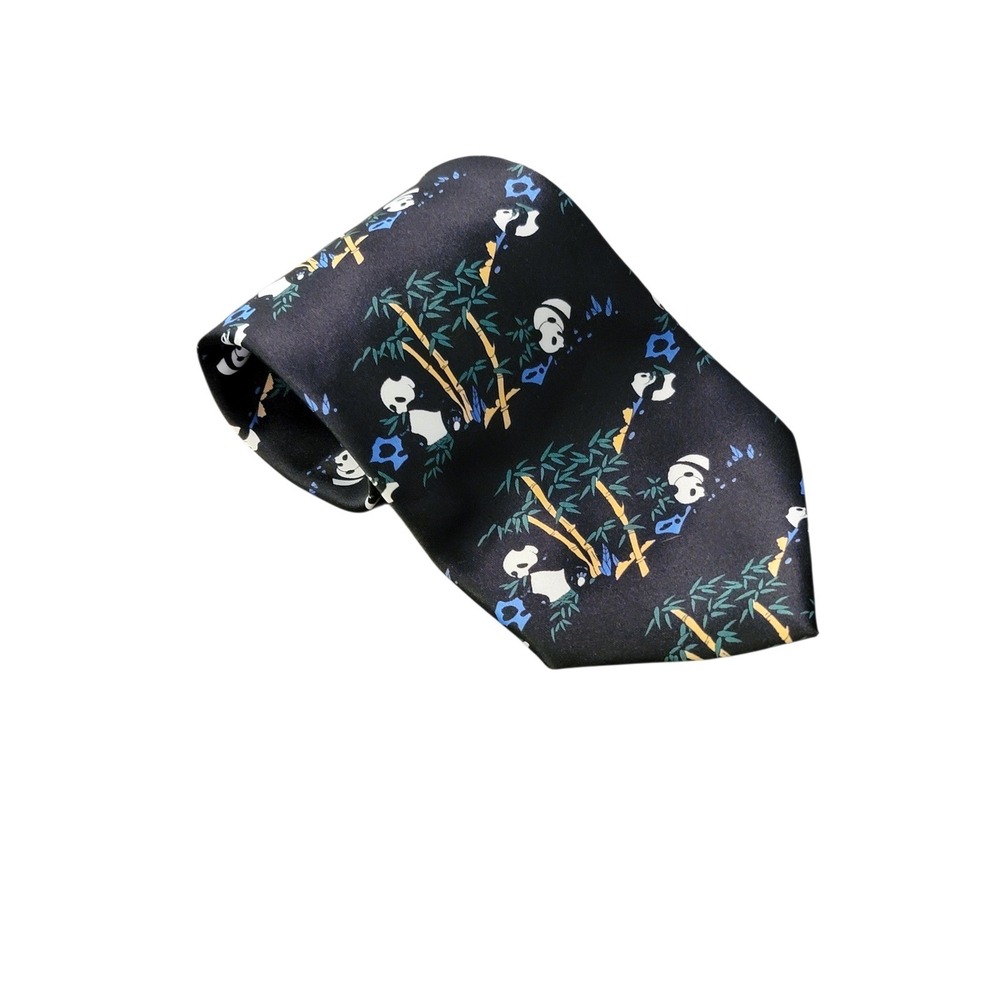 Kailong Hand Made Black‎ Silk Tie Panda Bamboo Print Men's Necktie